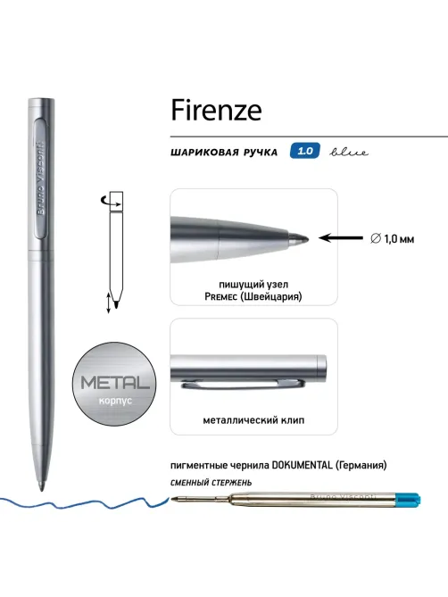 Ручка шариковая BV FIRENZE 1мм син кор серебрн,тубус прямоуг сер 20-0302/03