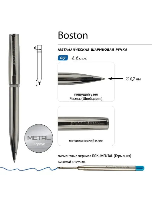 Ручка шариковая BOSTON ворон.стал.чер.корп,0.7мм,син, 20-0359