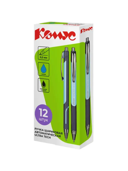 Ручка шариковая автомат. Комус Ultra Tech,д.ш.0,5мм,лин.0,3мм,син,сер-г.кор