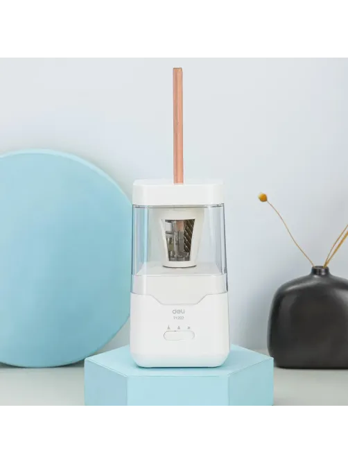 Точилка для карандашей электрич. Deli, 1 отв., пластик ,батарея+ USB, белый