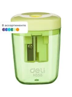 Точилка ручная Deli, 1 отв., контейнер, автомат. клапан, пластик, ассорти