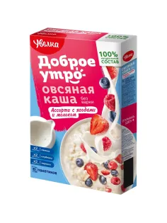 Каша Увелка овсяная ассорти с ягодами и молоком б/п, 6 пакx40г, 240г