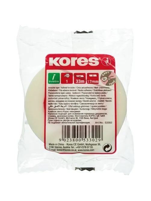 Клейкая лента канцелярская KORES 12х33 невидимая 53302