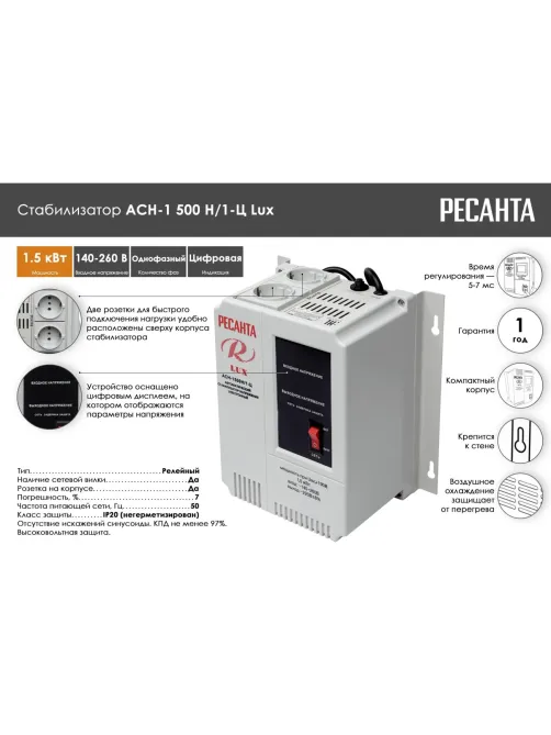 Стабилизатор РЕСАНТА настенный Lux АСН-1500Н/1-Ц (63/6/20)