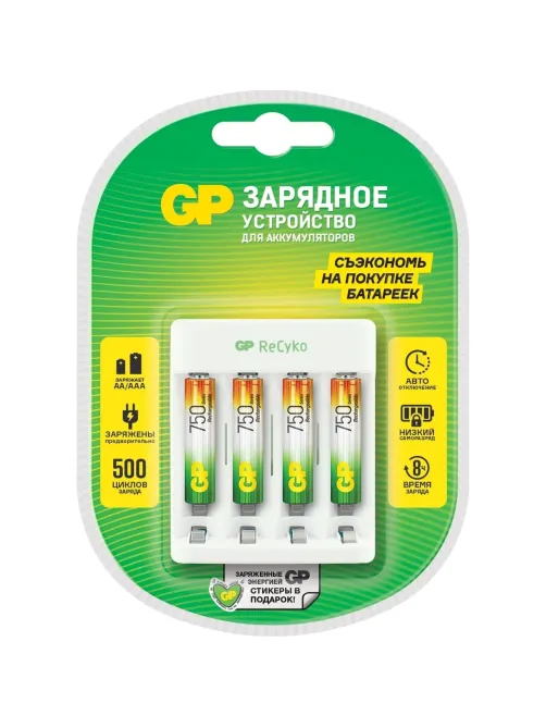 Зарядное устройство GP E411/75AAAHCCS-2CR1, 4 слота + 4 акк. 750 mAh
