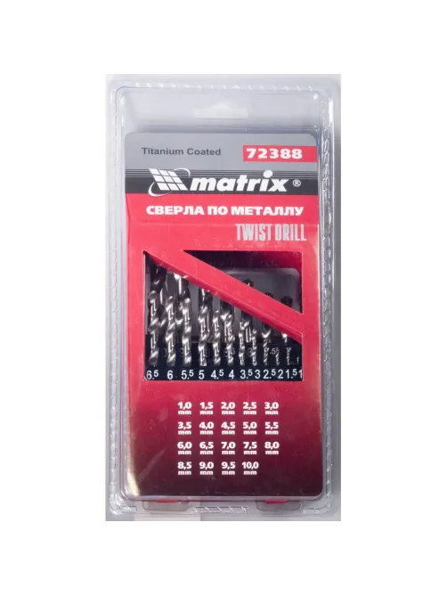 Набор сверл по металлу Matrix 19шт, 1-10мм, HSS, 19шт,цил.хвостовик (72388)
