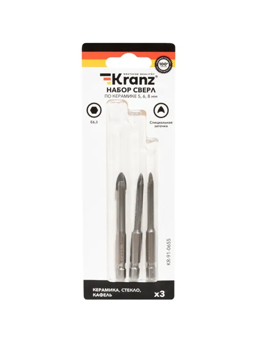 Набор сверл по керам. плитке, 5-6-8мм, шестигран. Хв. KRANZ,KR-91-0655