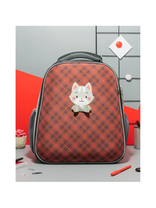 Ранец Комус Класс Basic Котик, клетка красный , 2 отд, эргоном спинка
