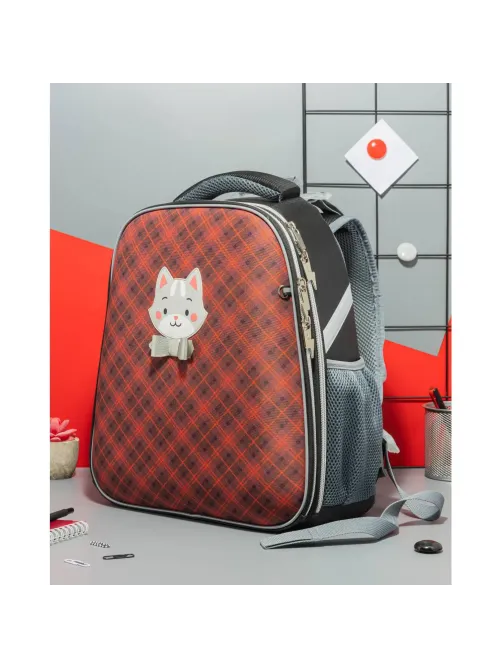 Ранец Комус Класс Basic Котик, клетка красный , 2 отд, эргоном спинка