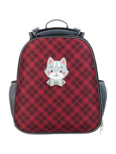 Ранец Комус Класс Basic Котик, клетка красный , 2 отд, эргоном спинка