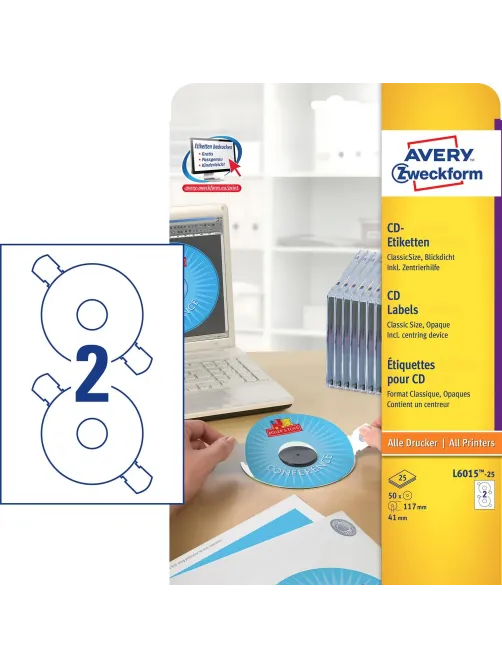 Этикетки самоклеящиеся для CD/DVD, д/41, 50 шт, Avery Zweckform, L6015-25