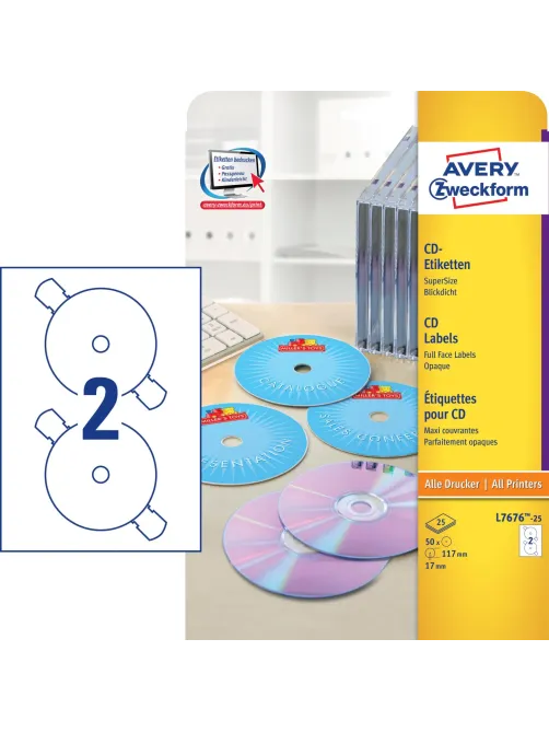 Этикетки самоклеящиеся для CD/DVD, д/17, 50 шт, Avery Zweckform, L7676-25