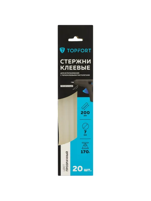 Стержни клеевые прозрачные 7x200, упаковка 20 штук, Topfort