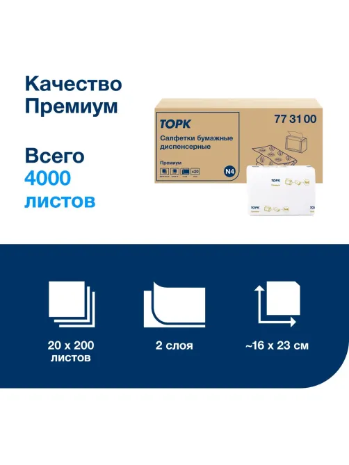 Салфетки бумажные д/дисп Торк Экспресснап Прем 2слN4 200л20пач/уп,цел773100