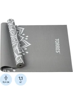 Коврик для йоги TORRES Relax 4, YL12224G, PVC 4 мм, нескольз, серый