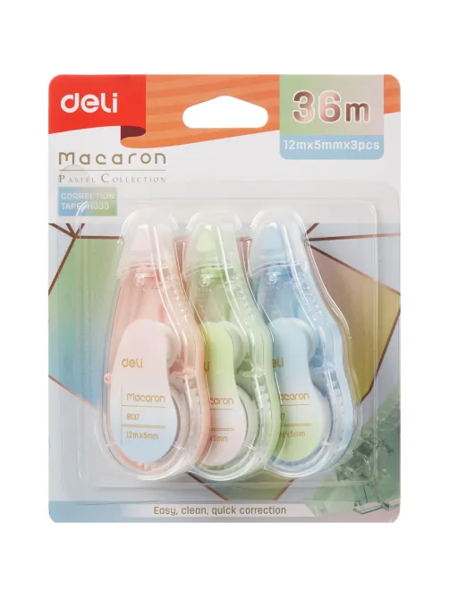 Корректирующая лента Macaron 5 мм x 12 м, ассорти, 3 шт/уп в блистере