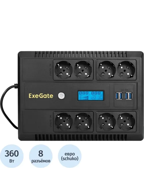 ИБП ExeGate NEO Smart LHB-650,лин.инт,650VA/360W, LCD, 8xEURO(EX295013RUS)