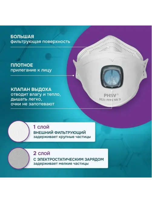 Полумаска фильтрующая PHSV 3031 с кл FFP3 до 50ПДК 5шт/уп