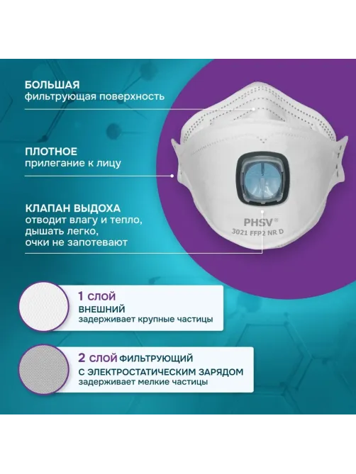 Полумаска фильтрующая PHSV 3021 с кл FFP2 до 12ПДК 5шт/уп