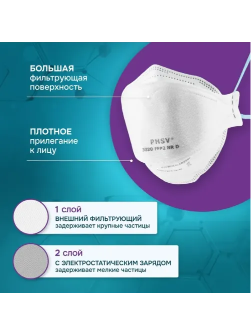 Полумаска фильтрующая PHSV 3020 без кл FFP2 до 12ПДК 10шт/уп