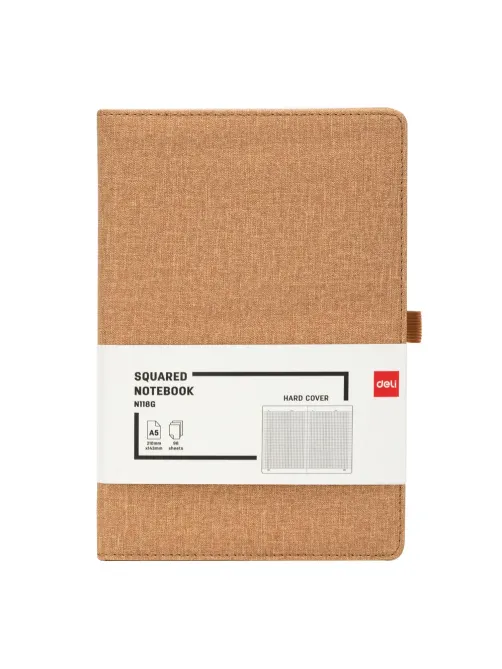 Бизнес-блокнот Deli А5 96л клет 80г тверд.облож, петл/ручк,хаки кожа EN118G