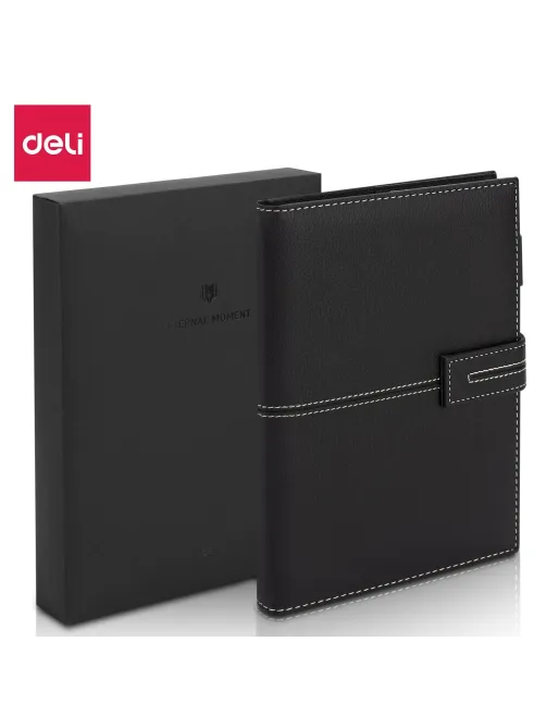 Бизнес-блокнот Deli А5 120л клетка 80г твердая облож, черный кожа EN139G
