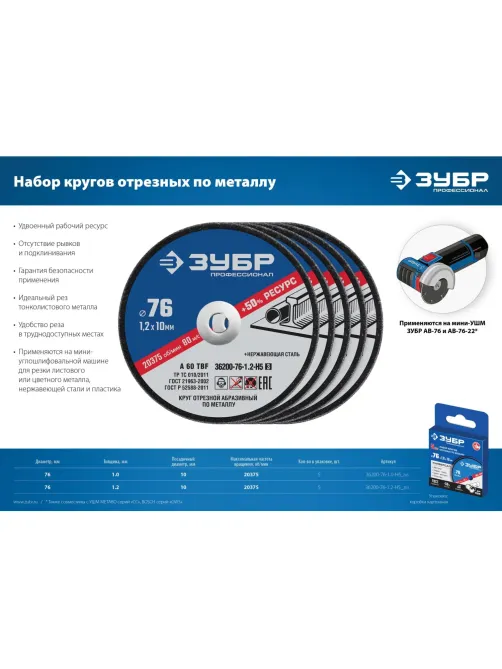 Диск отрезной по металлу Зубр 76 мм (5 штук, 36200-76-1.0-H5_z03)