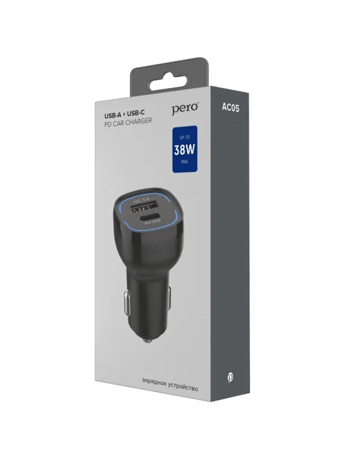 Зарядное устройство автомобильное PERO AC05 USB-A QC3.0/USB-C PD/38W/черное