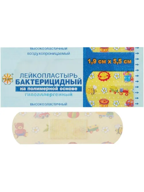 Лейкопластырь бакт. 1,9х5,5см полимерный с рисунком LEIKO, 1000 шт/уп