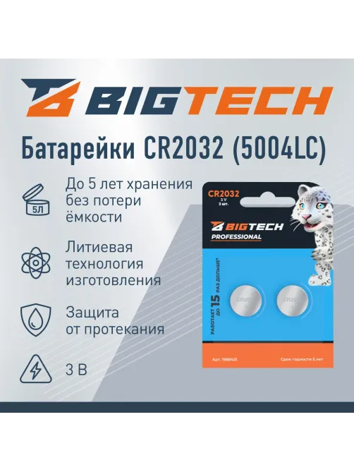 Батарейка BigTech Professional, литиевая, CR2032, бл/2шт
