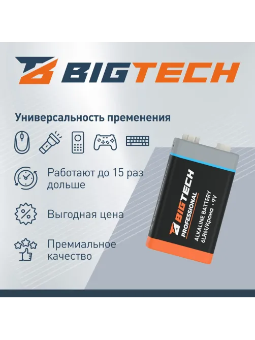 Батарейка BigTech Professional 6LR61/Крона 9V/1604A алкалин. бл/1шт