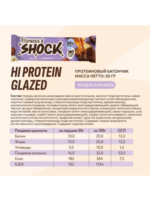 Батончик протеиновый FitnesSHOCK шоколад. карамель-фундук 50г 12шт/уп