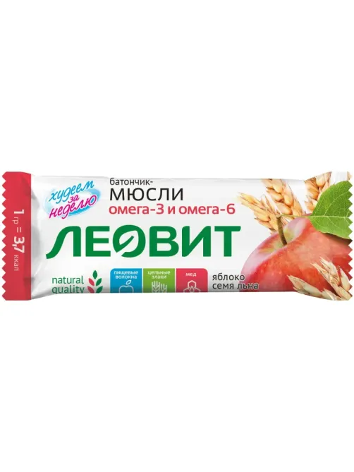 Батончик мюсли Леовит с яблоком и семенем льна, 26штx30г