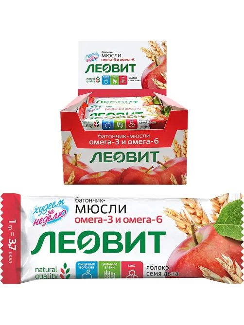 Батончик мюсли Леовит с яблоком и семенем льна, 26штx30г