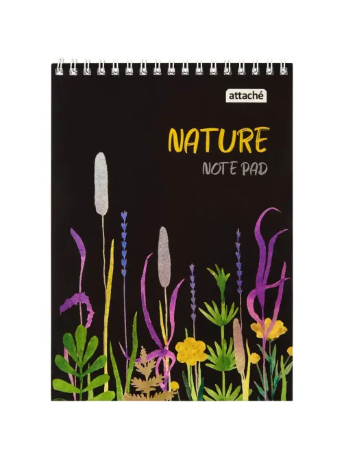 Блокнот А5 60л Attache Nature Black flowers клет,65г,100%,греб,карт,ВД-лак