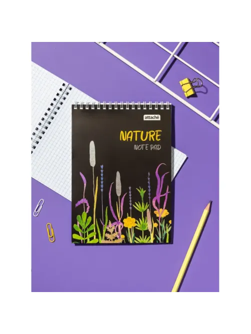 Блокнот А5 60л Attache Nature Black flowers клет,65г,100%,греб,карт,ВД-лак