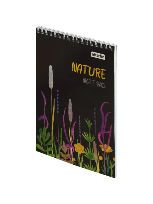 Блокнот А5 60л Attache Nature Black flowers клет,65г,100%,греб,карт,ВД-лак