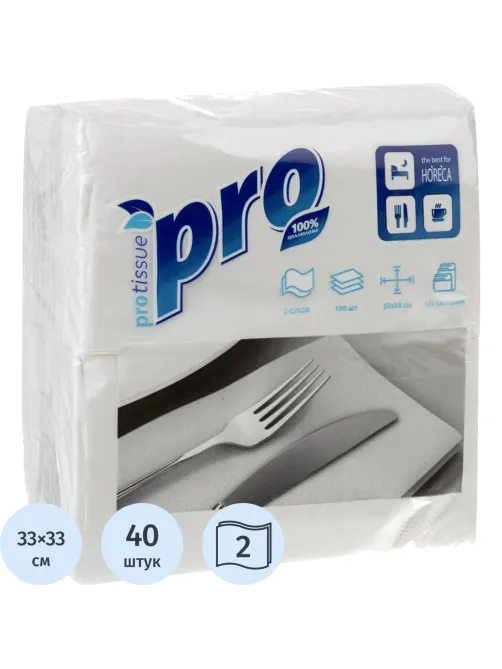 Салфетки бумажные Protissue 1/8 слож 2сл 33х33см белые 100л/уп_C233