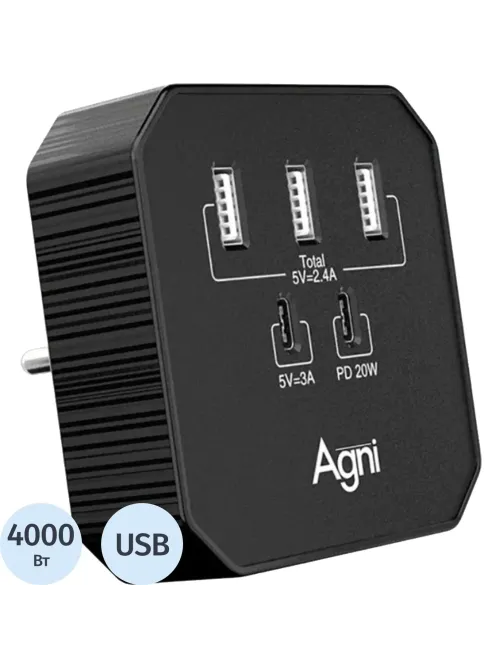 Тройник AGNI 3 USB-A,2 USB-C, черный(TP-WB2U3E-black)