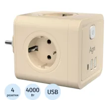 Тройник AGNI 4/220 + 2 USB + 1 Type C, слоновой кости(TP-WJ3U4E-C-ivory)