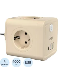 Тройник AGNI 4/220 + 2 USB + 1 Type C, слоновой кости(TP-WJ3U4E-C-ivory)