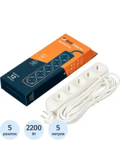 Удлинитель BigTech UTD-510-5-W (5р/5м/10А/2,2кВт/1мм2/белый)