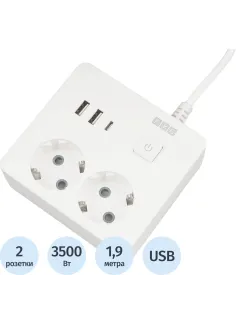 Удлинитель Power Cube, 2р/1.9м выкл.,3USB, 3.5кВт, 16А,3x1,0 белый(PC-1-2M)