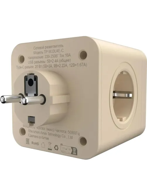 Тройник AGNI 4/220 + 2 USB + 1 Type C, слоновой кости(TP-WJ3U4E-C-ivory)