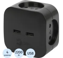 Разветвитель ЭРА SP-4-USB-B (4р 220V + 2xUSB 2400mA/без заземл/10А, черный)