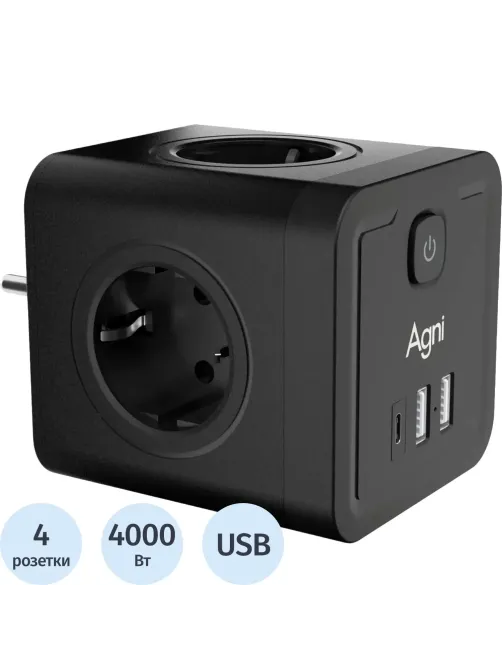 Тройник AGNI 4/220 + 2 USB + 1 Type C,черный(TP-WJ3U4E-C-black)