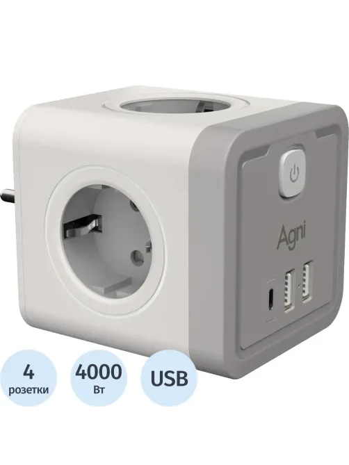 Тройник AGNI 4/220 + 2 USB + 1 Type C,белый(TP-WJ3U4E-C-white)
