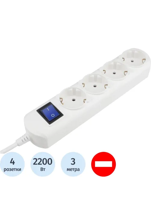 Удлинитель Power Cube 4р/3м с/з с выкл 10А бел (PC-4B-3M)