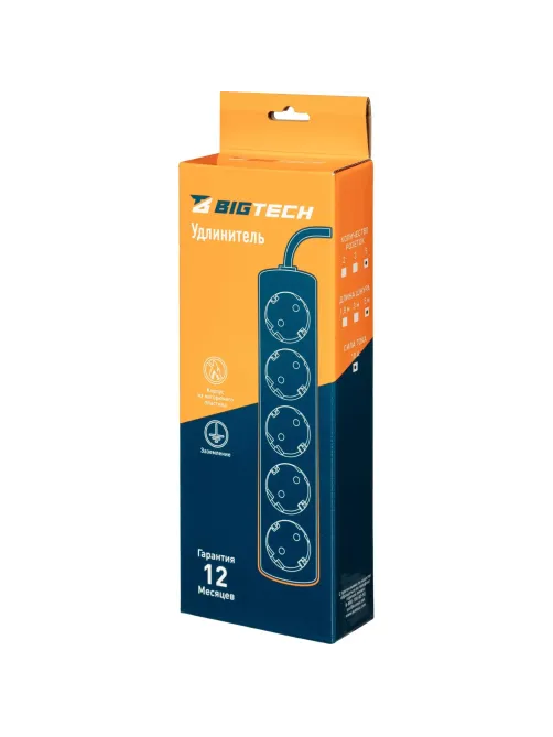 Удлинитель BigTech UTD-510-5-W (5р/5м/10А/2,2кВт/1мм2/белый)