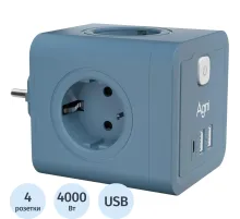 Тройник AGNI 4/220 + 2 USB + 1 Type C,синий(TP-WJ3U4E-C-blue)